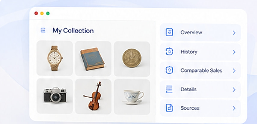 A collection screen showing a watch, a book, a coin, a camera, a violin and a teacup