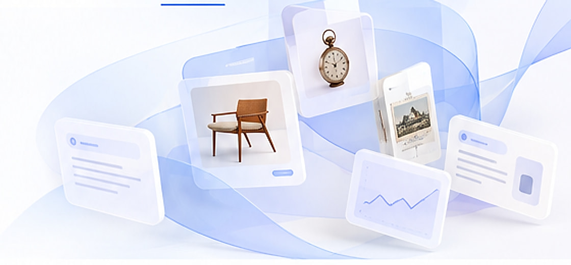 Floating cards showing a chair, a pocket watch and a landscape painting, connected by soft blue ribbons