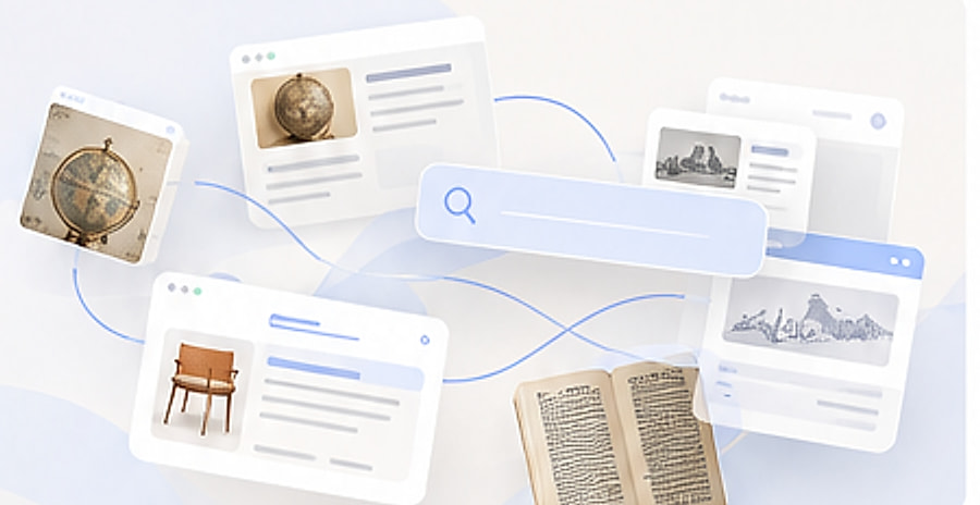 A search bar surrounded by cards of objects: a globe, a chair, an open book and a landscape