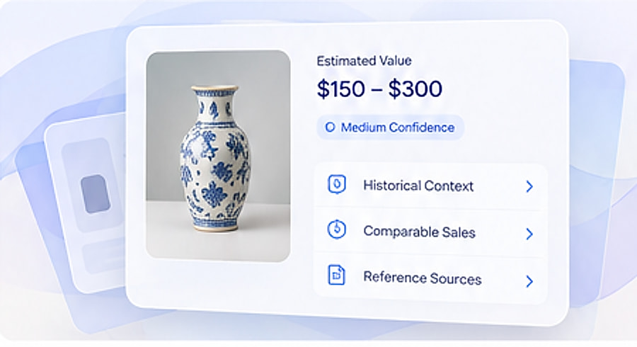 A product card for a blue and white vase showing an estimated value of $150 to $300 with links to historical context, comparable sales and reference sources