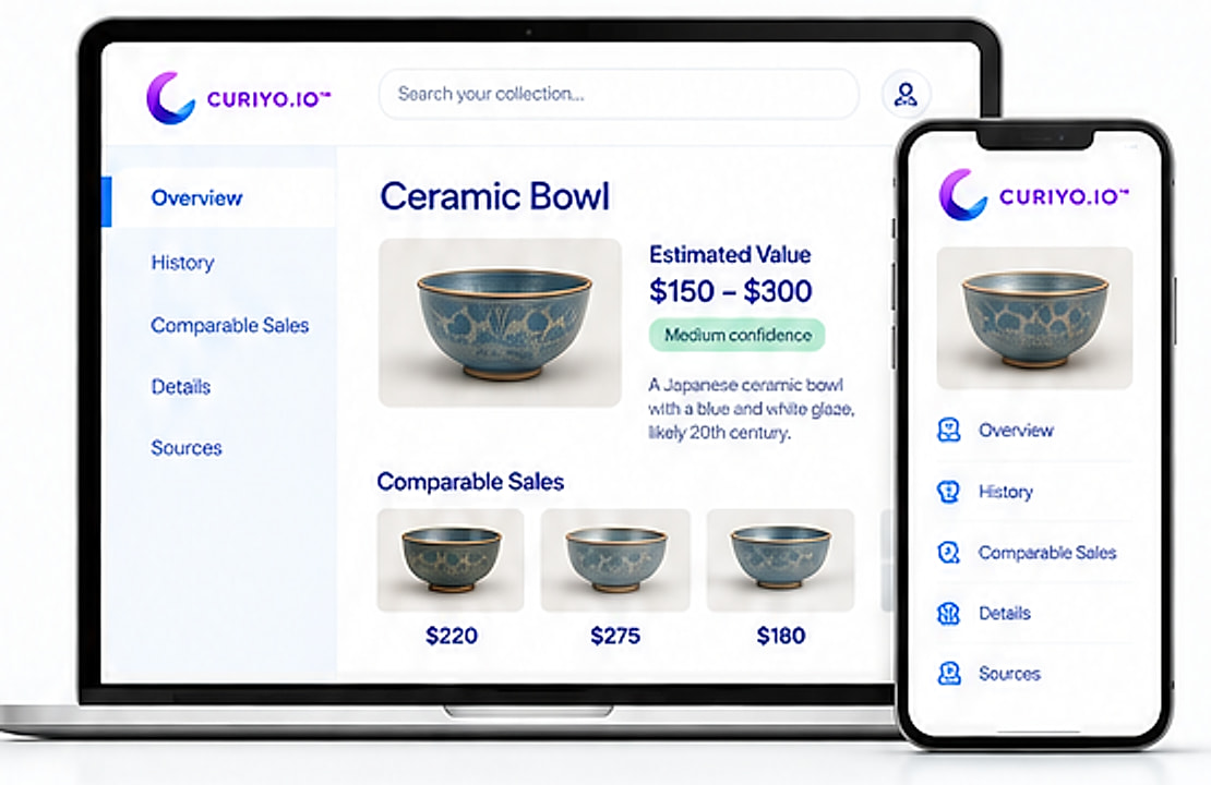 Curiyo.io on a laptop and a phone, showing a ceramic bowl with an estimated value and comparable sales