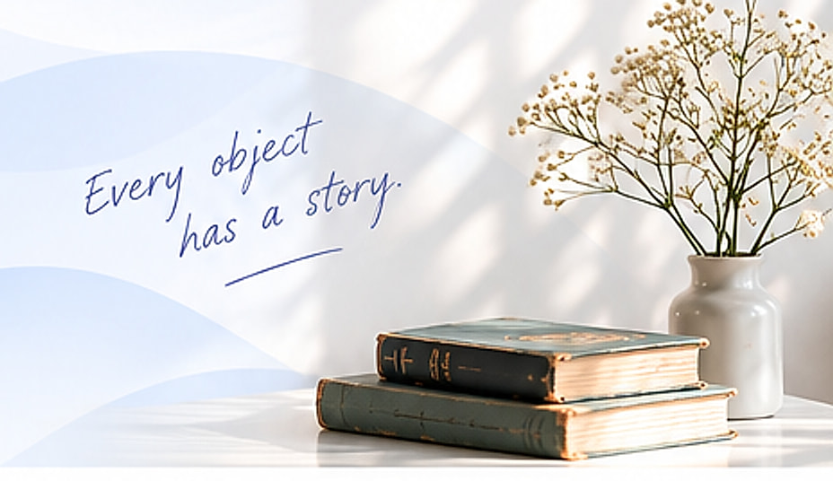 Old books and a vase of dried flowers on a desk, with the handwritten note “Every object has a story.”