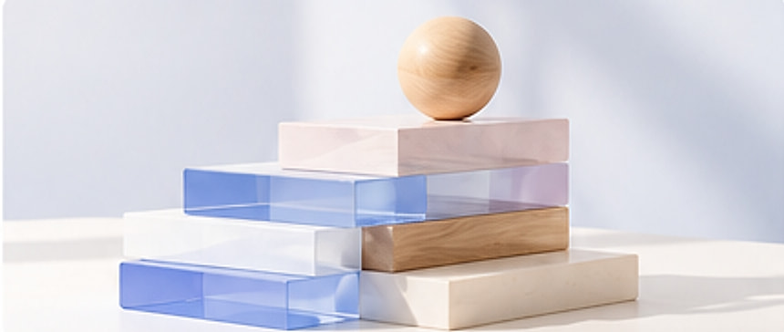 A wooden sphere balanced on stacked glass and wood blocks