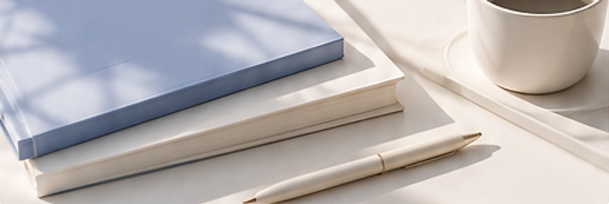 Two notebooks, a pen and a cup of coffee on a white desk